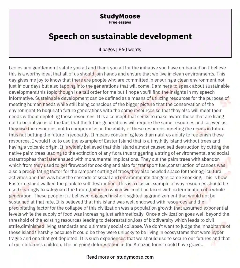 Speech on sustainable development Free Essay Example