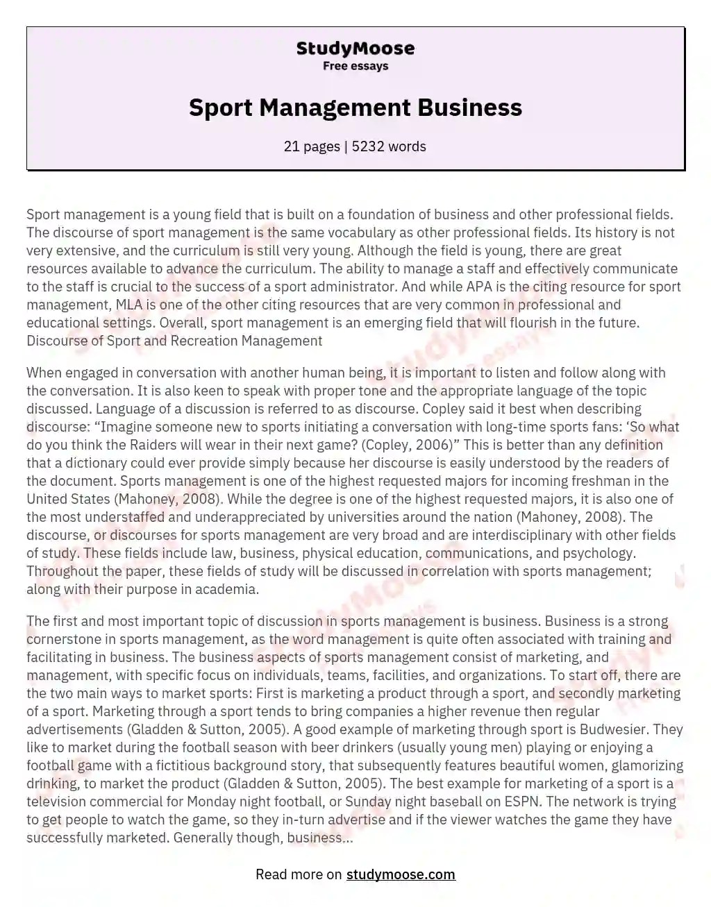 Sport Management Business Free Essay Example
