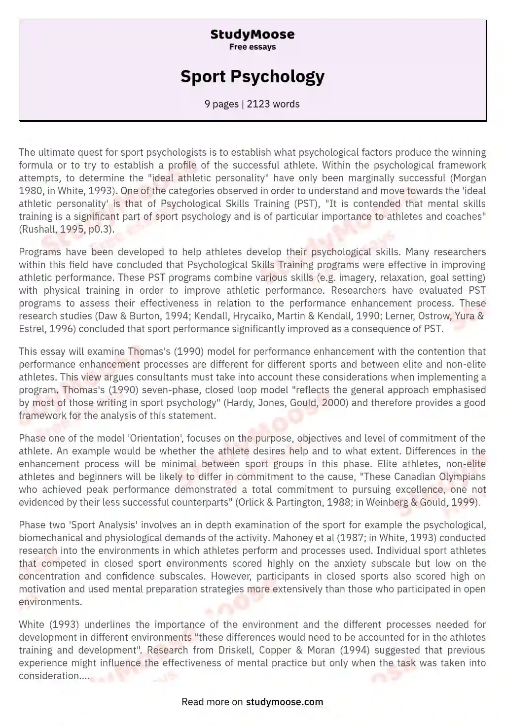 Sport Psychology Free Essay Example