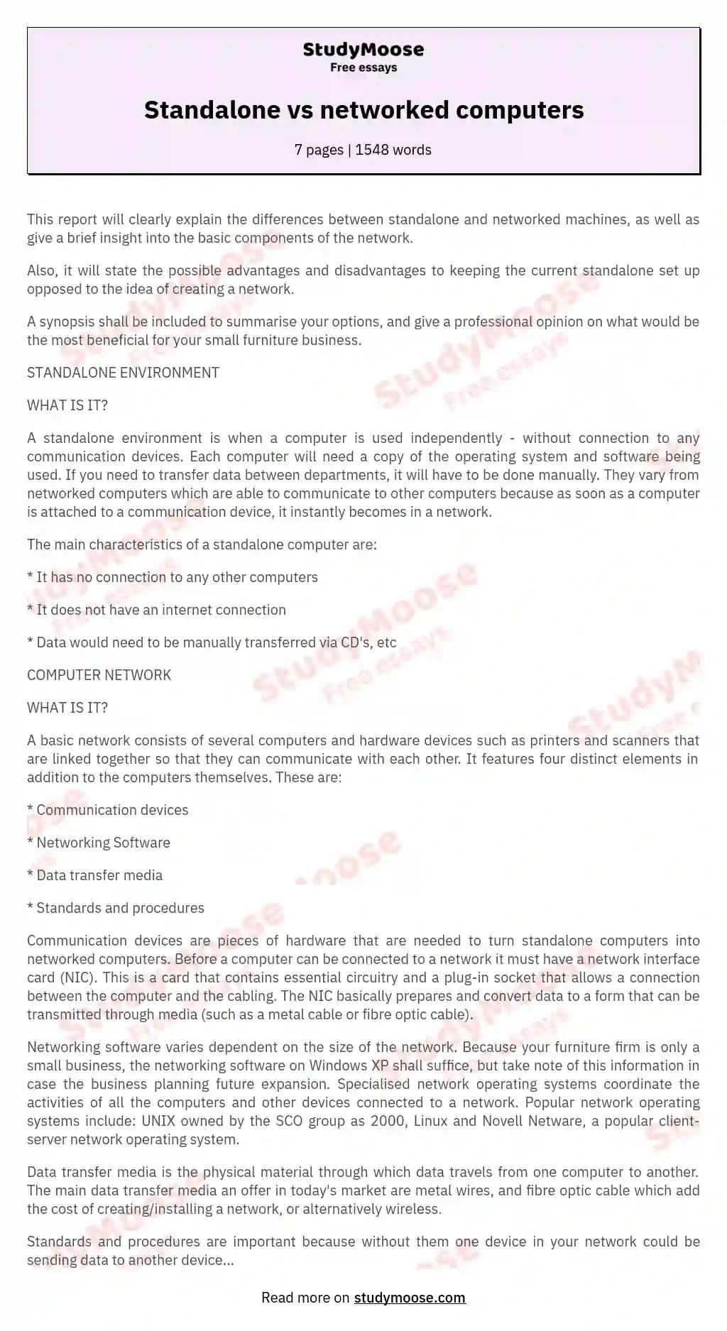 Standalone vs networked computers Free Essay Example