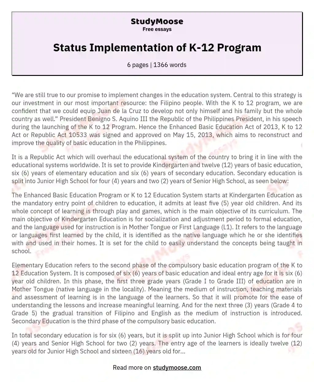 Status Implementation of K12 Program Free Essay Example