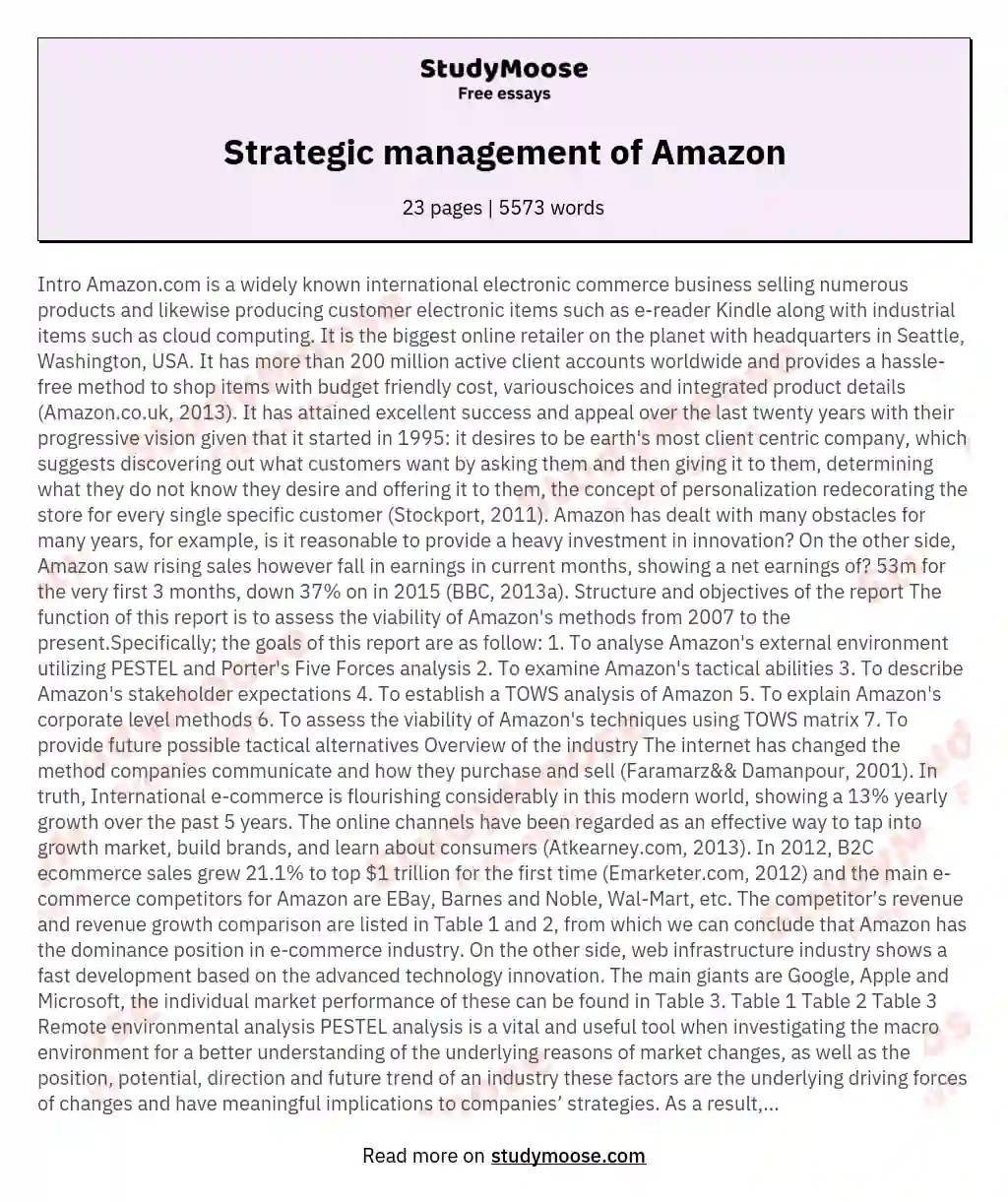 Strategic management of Amazon Free Essay Example