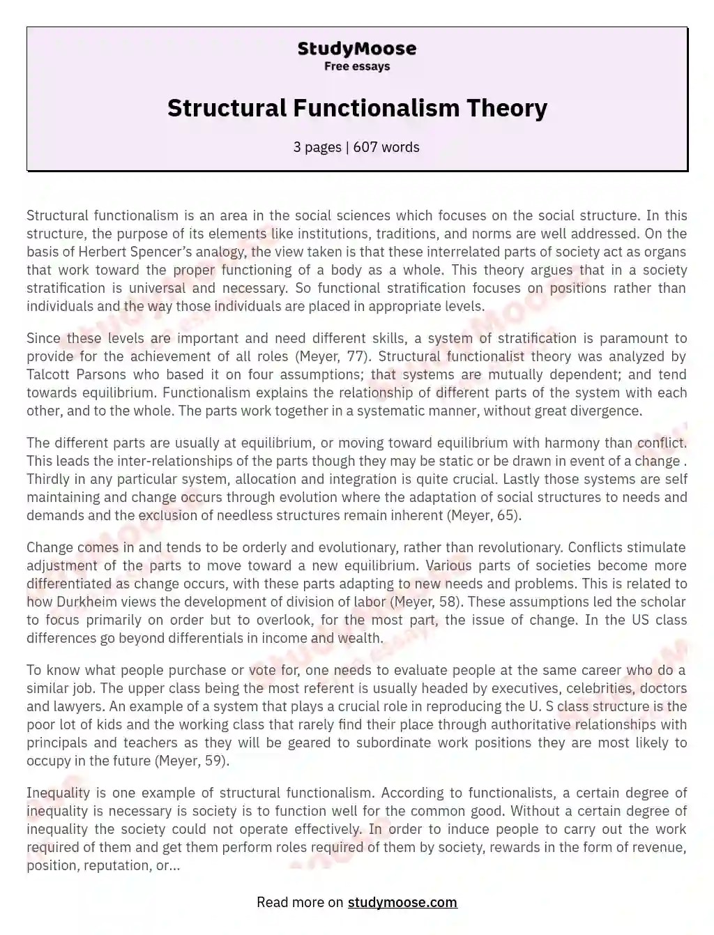 Structural Functionalism Theory Free Essay Example