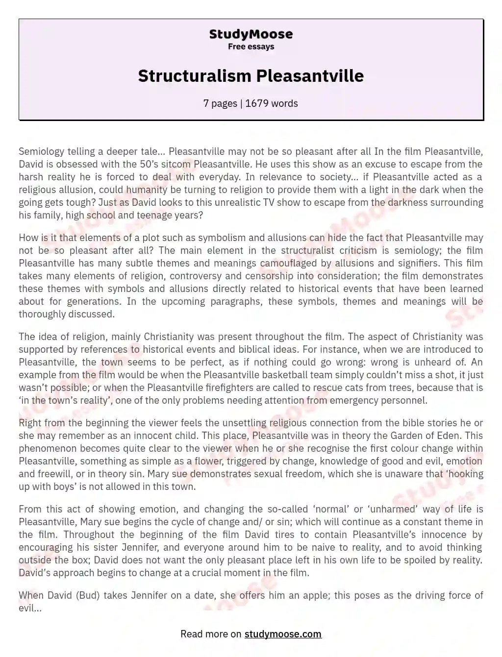 Structuralism Pleasantville Free Essay Example