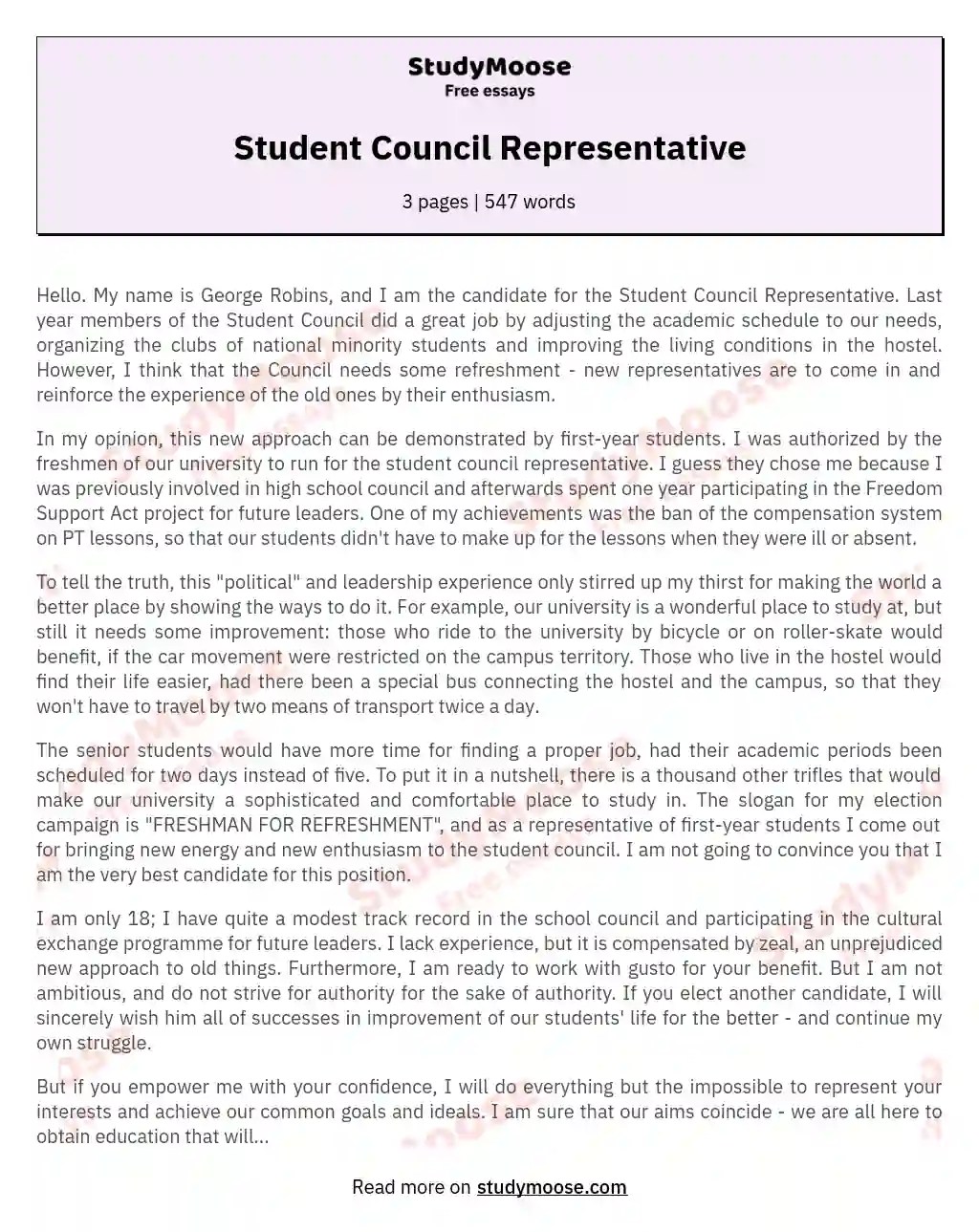 Student Council Representative Free Essay Example