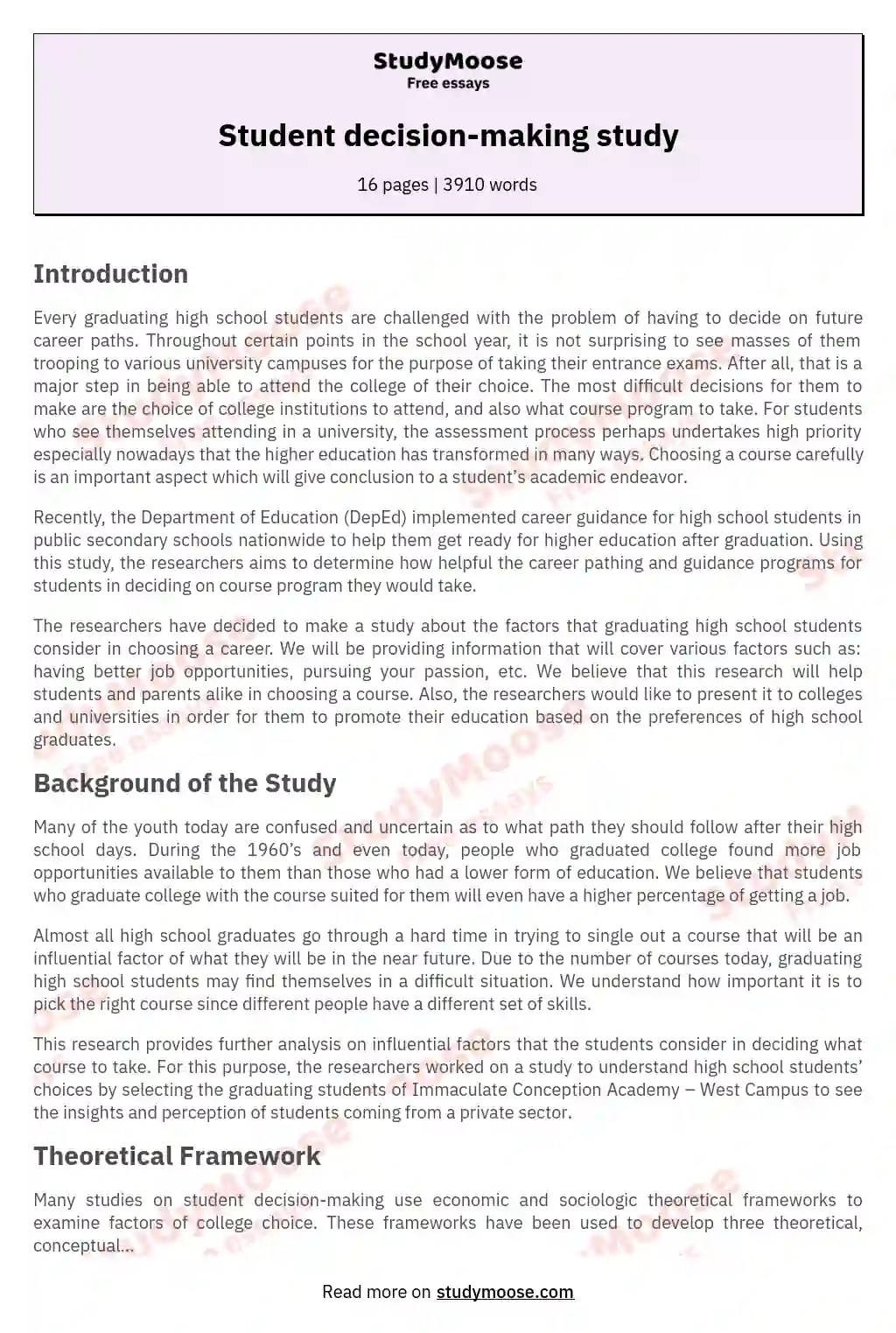 Student decisionmaking study Free Essay Example