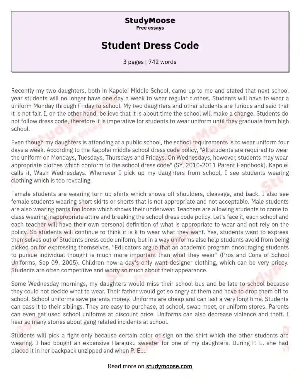 Student Dress Code Free Essay Example