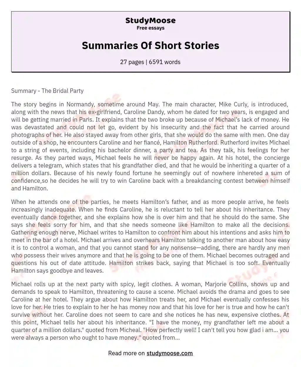 Summaries Of Short Stories Free Essay Example