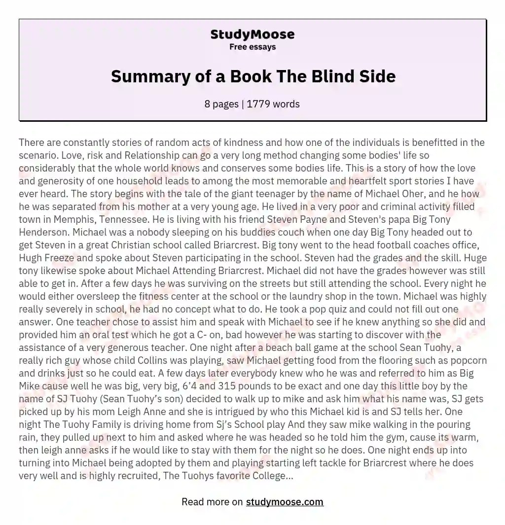 Summary of a Book The Blind Side Free Essay Example