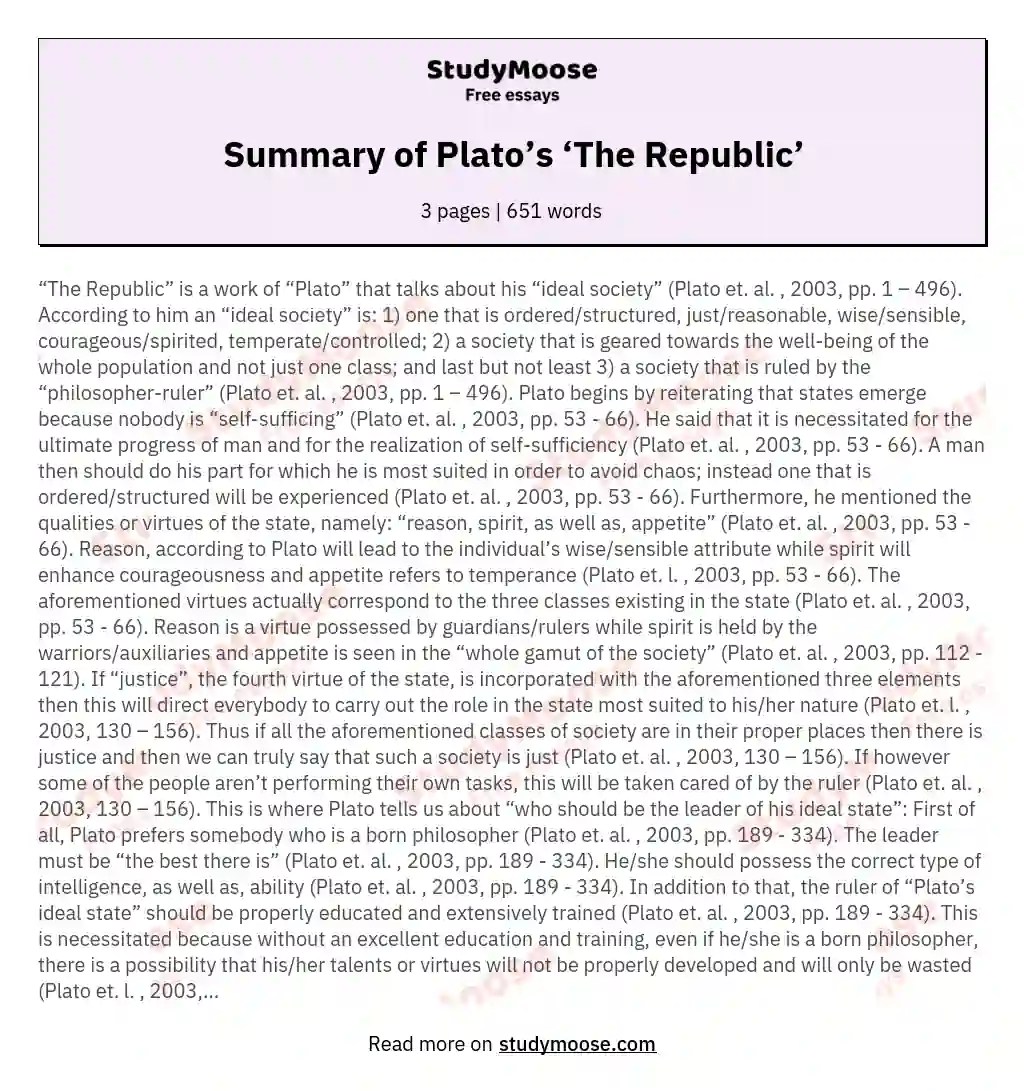 Summary of Plato’s ‘The Republic’ Free Essay Example