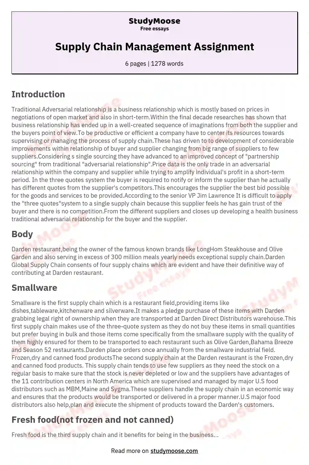 Supply Chain Management Assignment Free Essay Example