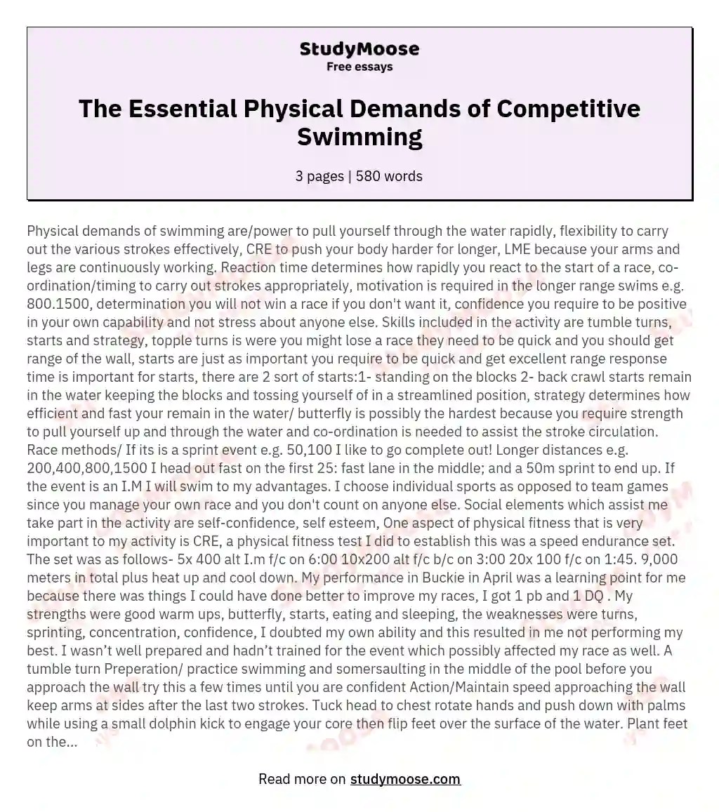 The Essential Physical Demands of Competitive Swimming Free Essay Example