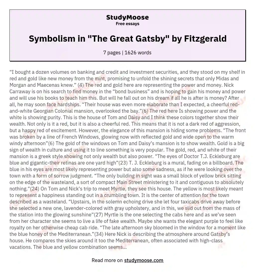 Symbolism in "The Great Gatsby" by Fitzgerald Free Essay Example