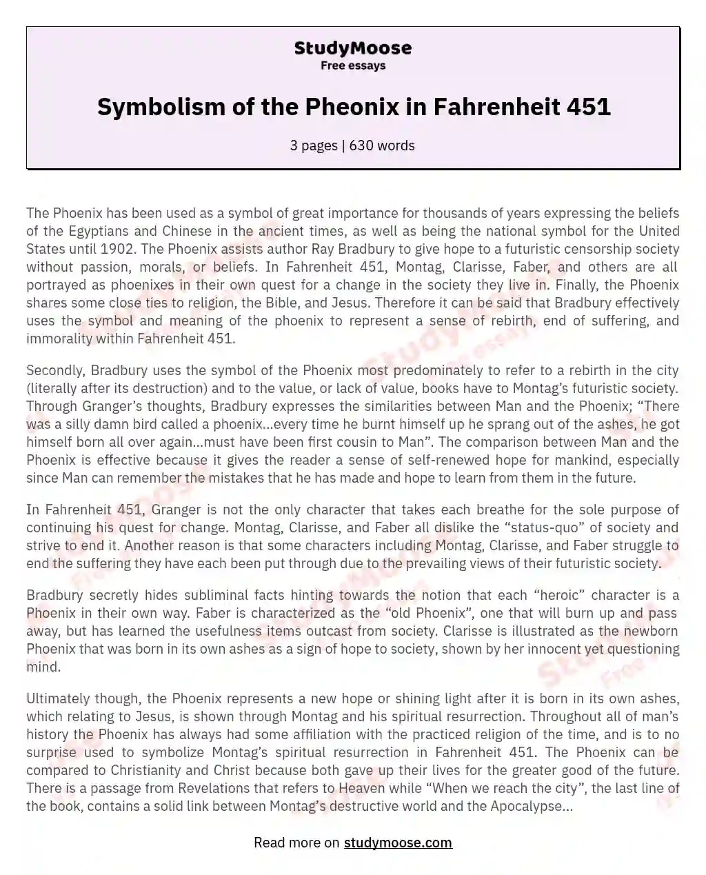 Symbolism of the Pheonix in Fahrenheit 451 Free Essay Example