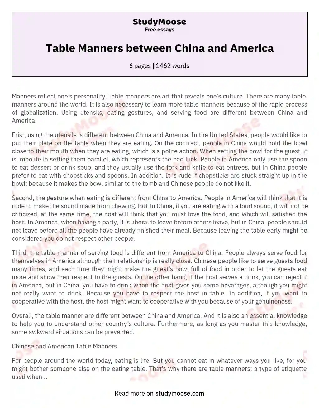 Table Manners between China and America Free Essay Example