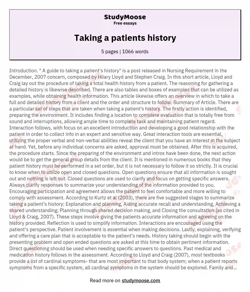 Taking a patients history Free Essay Example