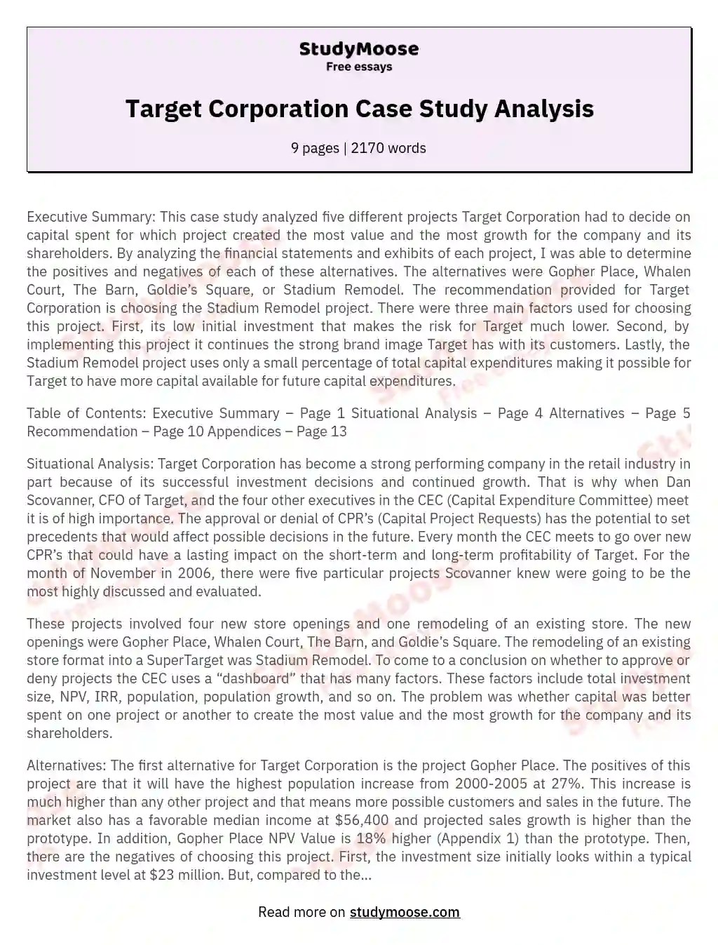 Target Corporation Case Study Analysis Free Essay Example
