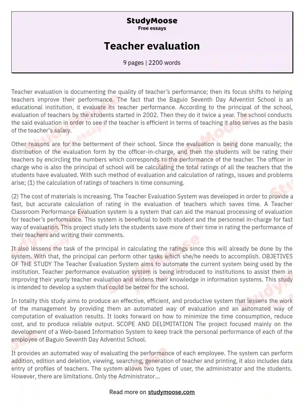 Teacher evaluation Free Essay Example