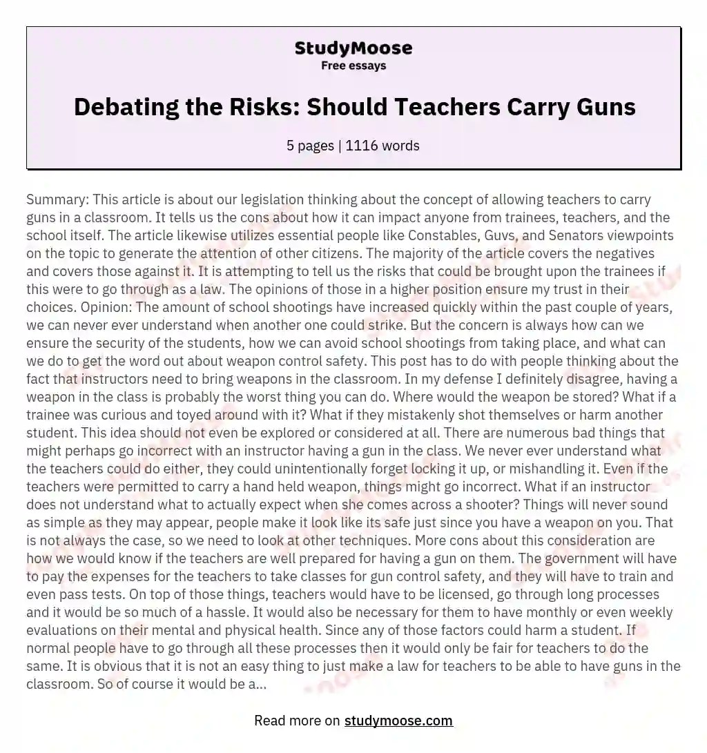 Debating the Risks Should Teachers Carry Guns Free Essay Example