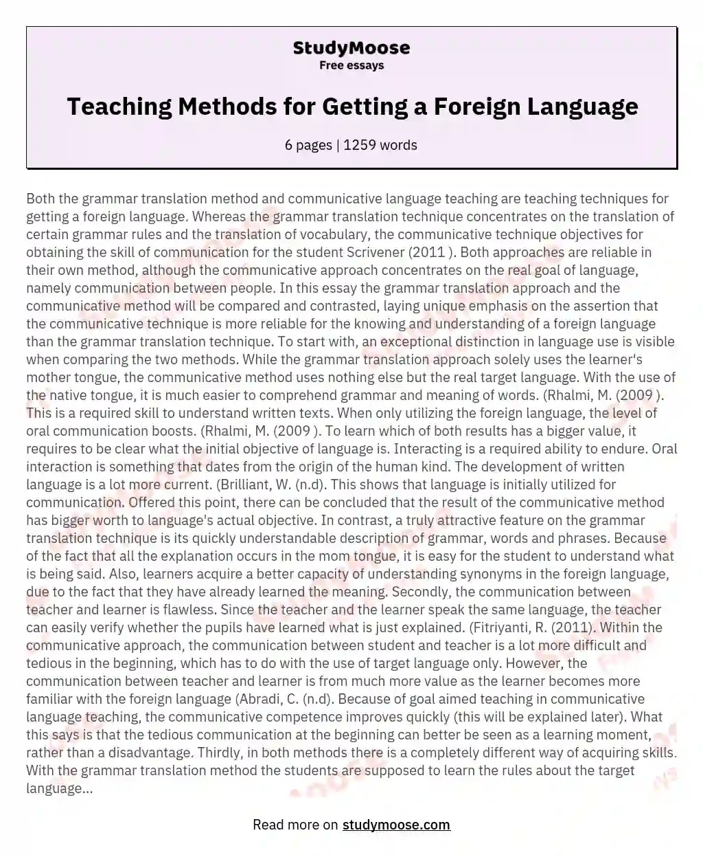 Teaching Methods for Getting a Foreign Language Free Essay Example