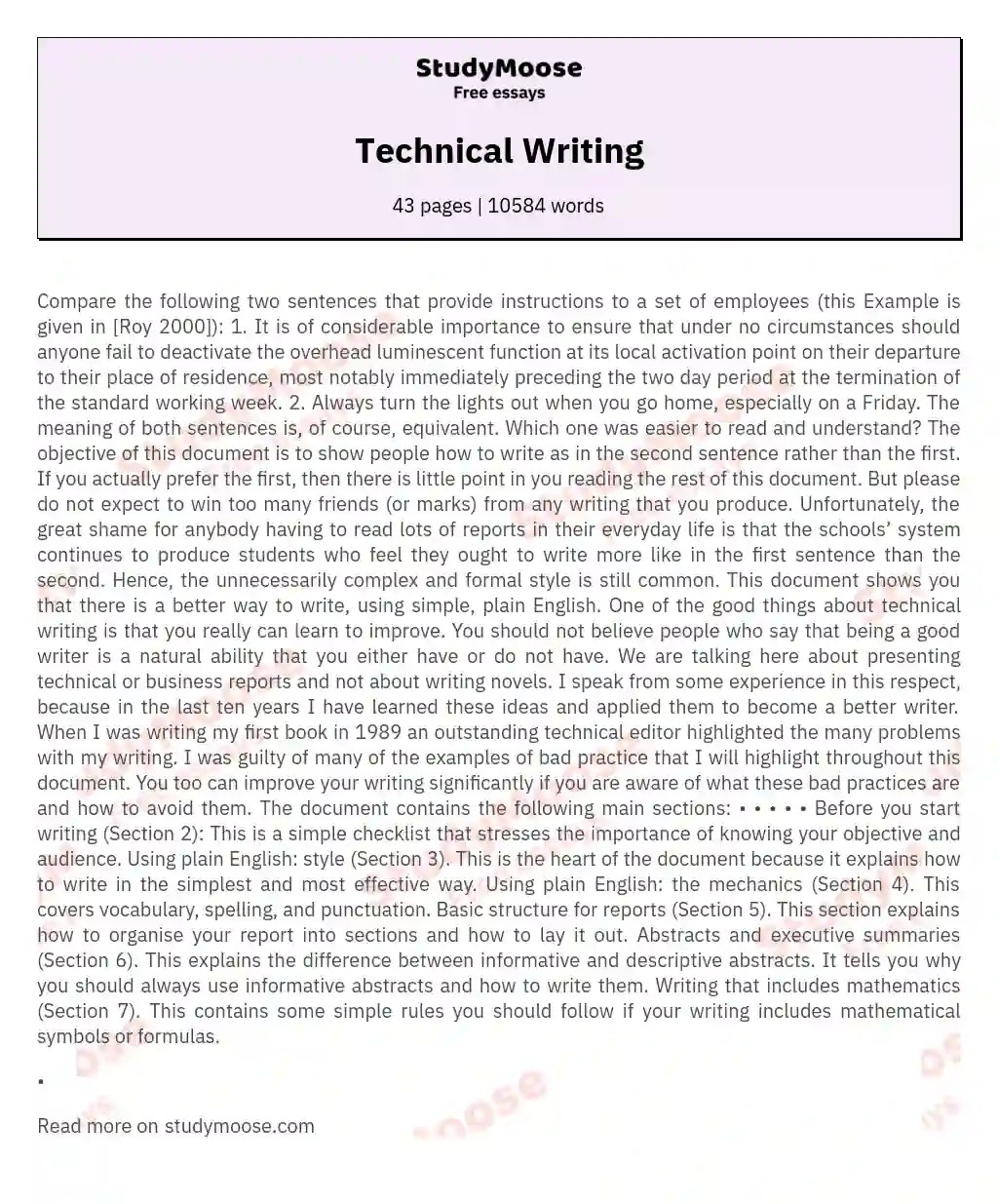 Technical Writing Free Essay Example