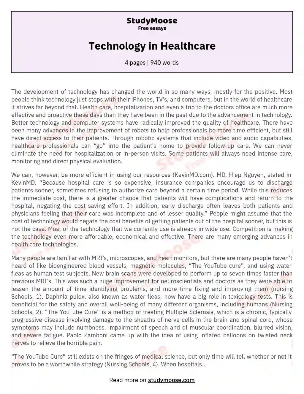 Technology in Healthcare Free Essay Example