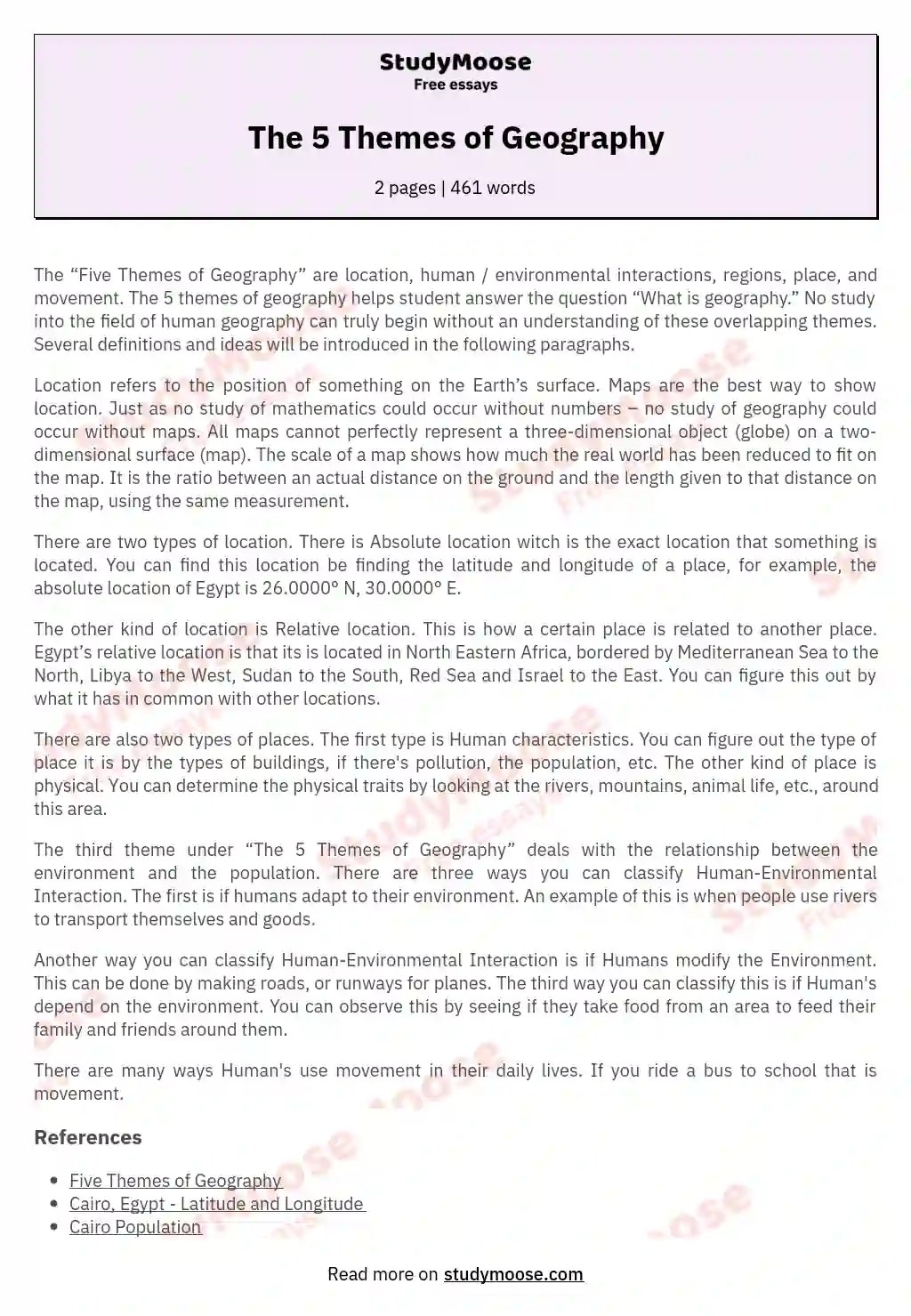 The 5 Themes of Geography Free Essay Example