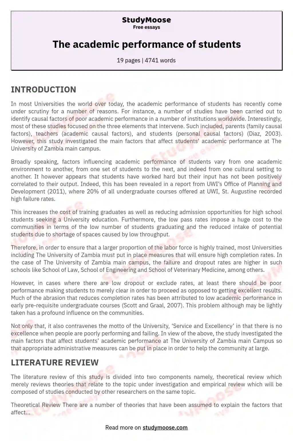 The academic performance of students Free Essay Example