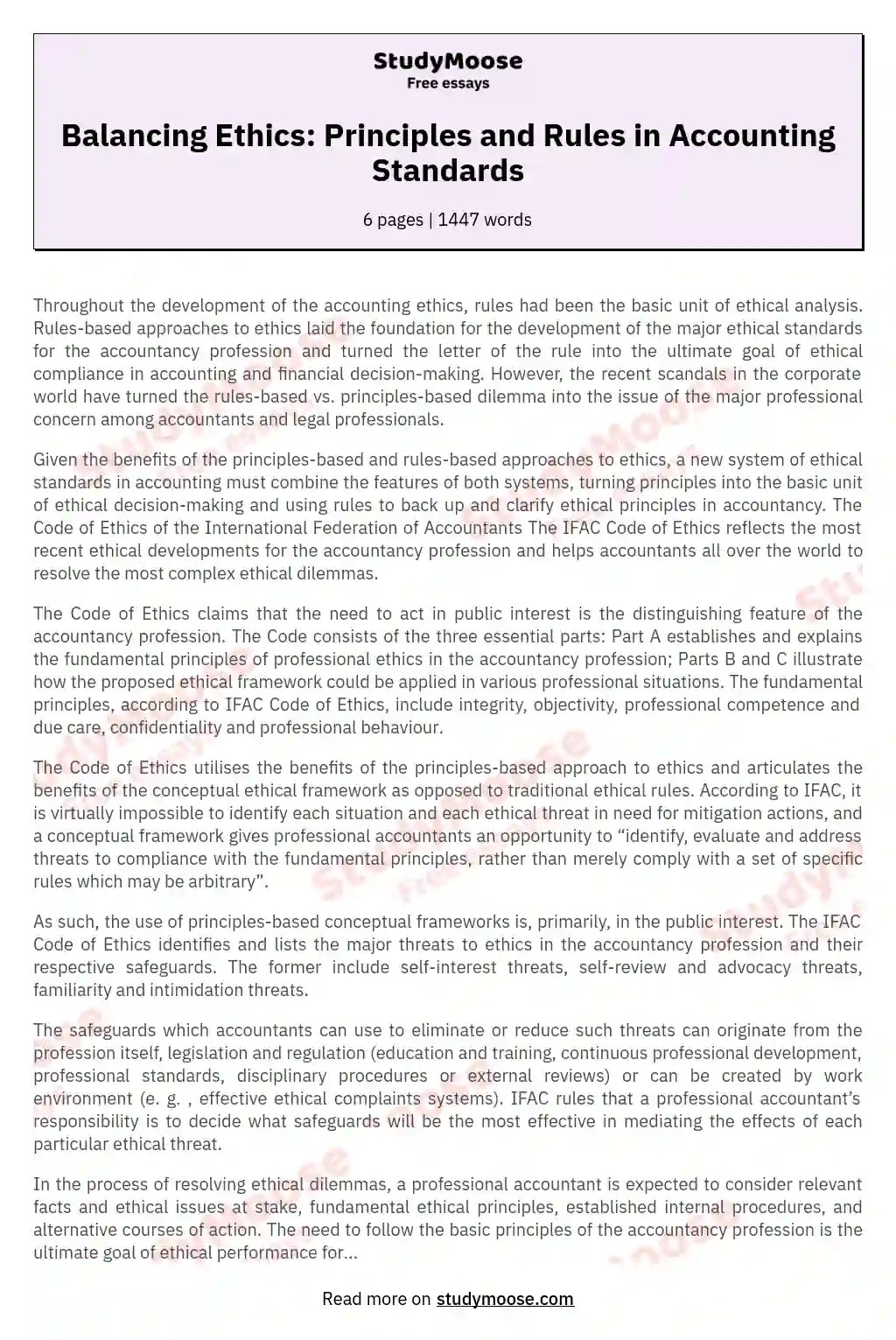 Balancing Ethics Principles and Rules in Accounting Standards Free