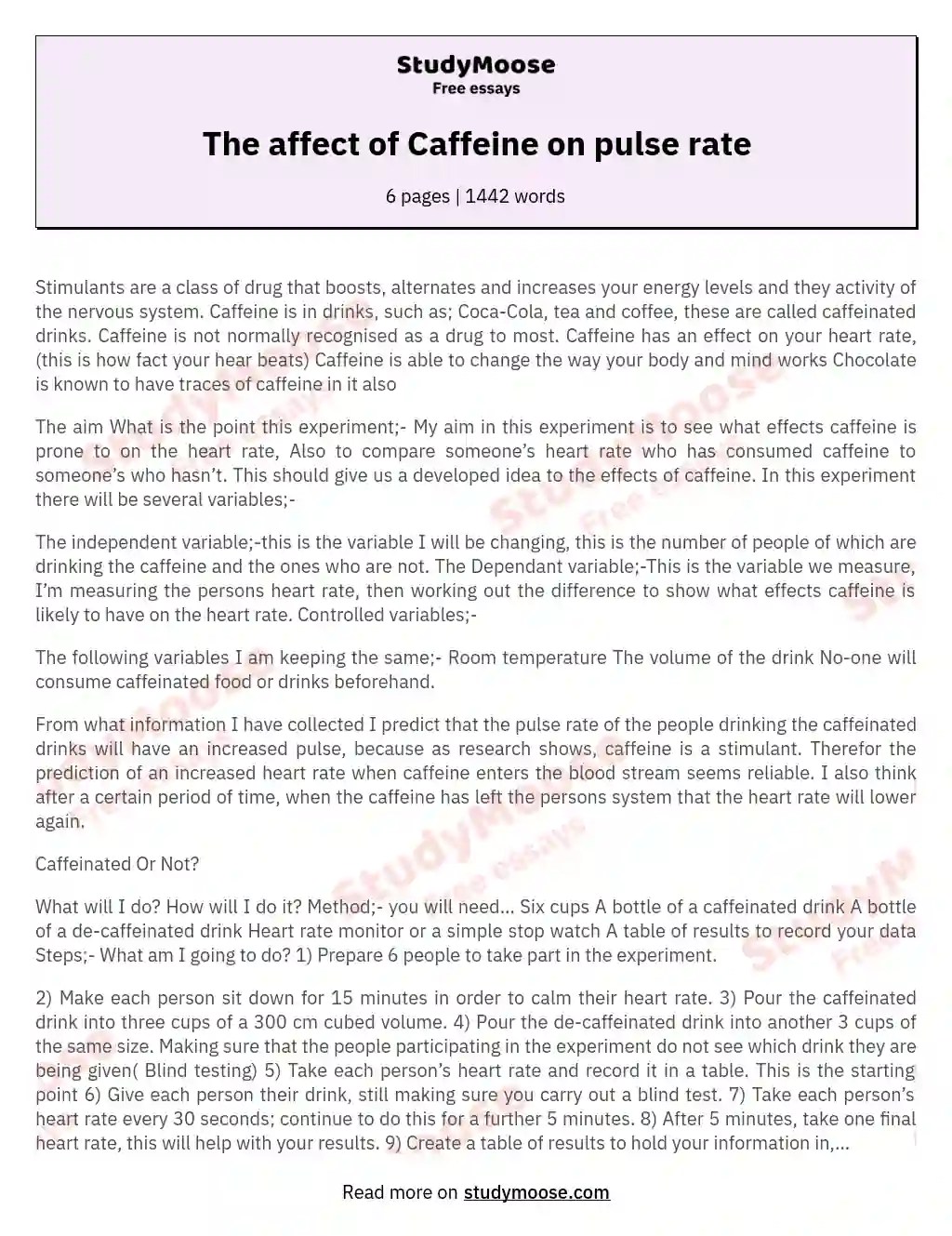 The affect of Caffeine on pulse rate Free Essay Example