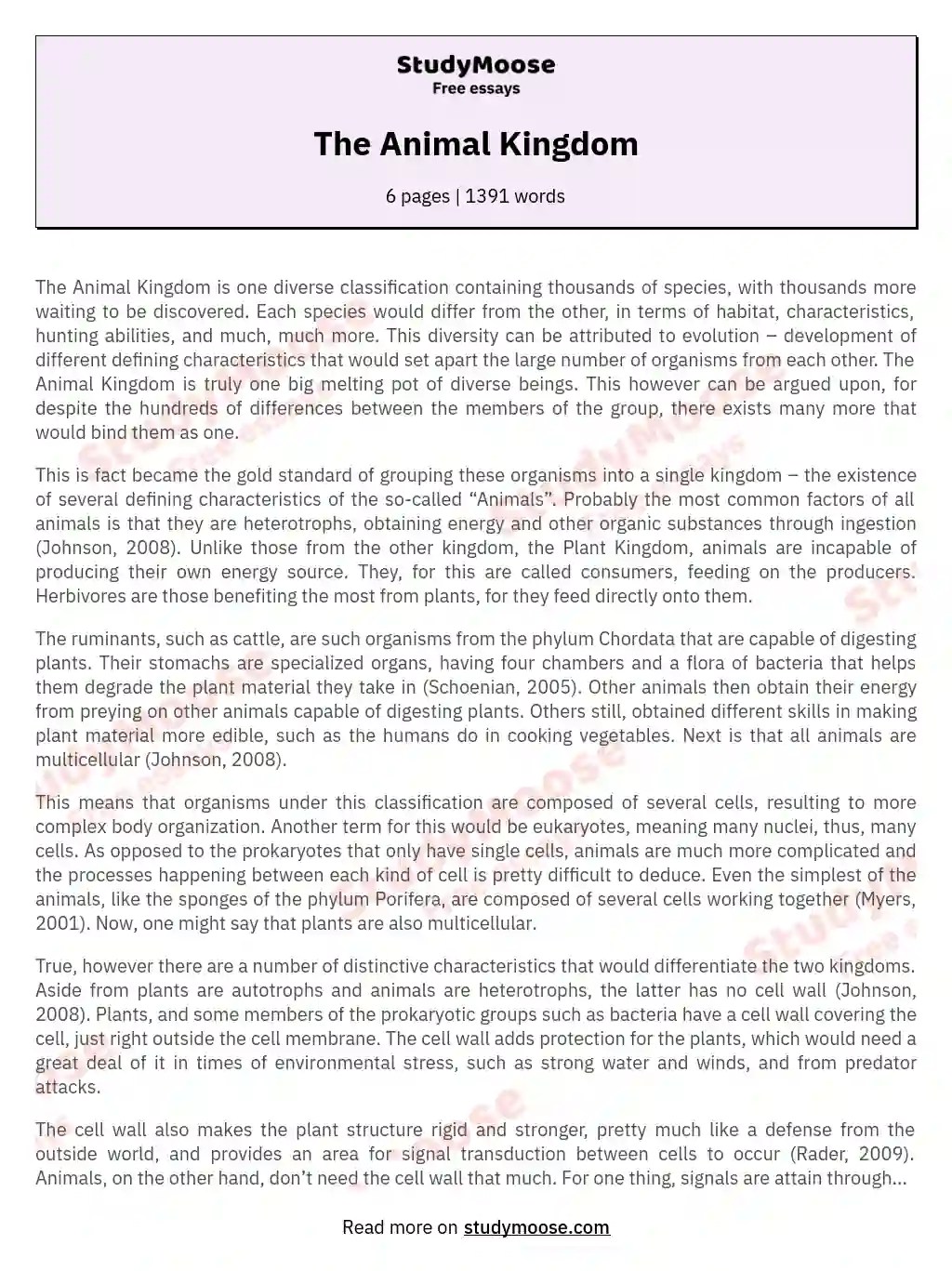 The Animal Kingdom Free Essay Example