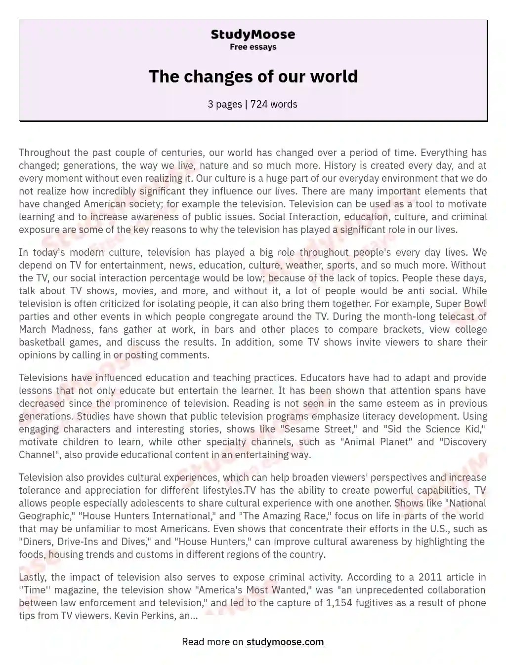 The changes of our world Free Essay Example