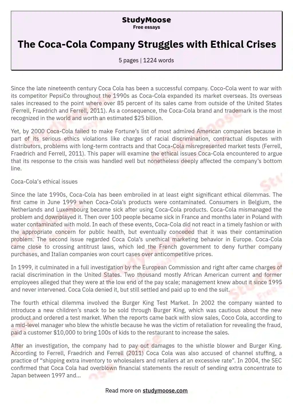 The CocaCola Company Struggles with Ethical Crises Free Essay Example