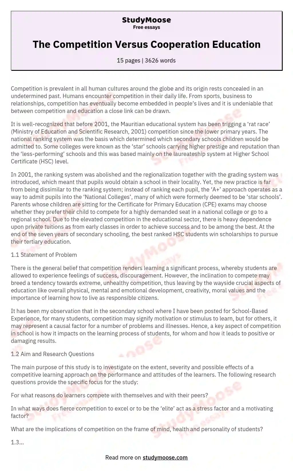 The Competition Versus Cooperation Education Free Essay Example