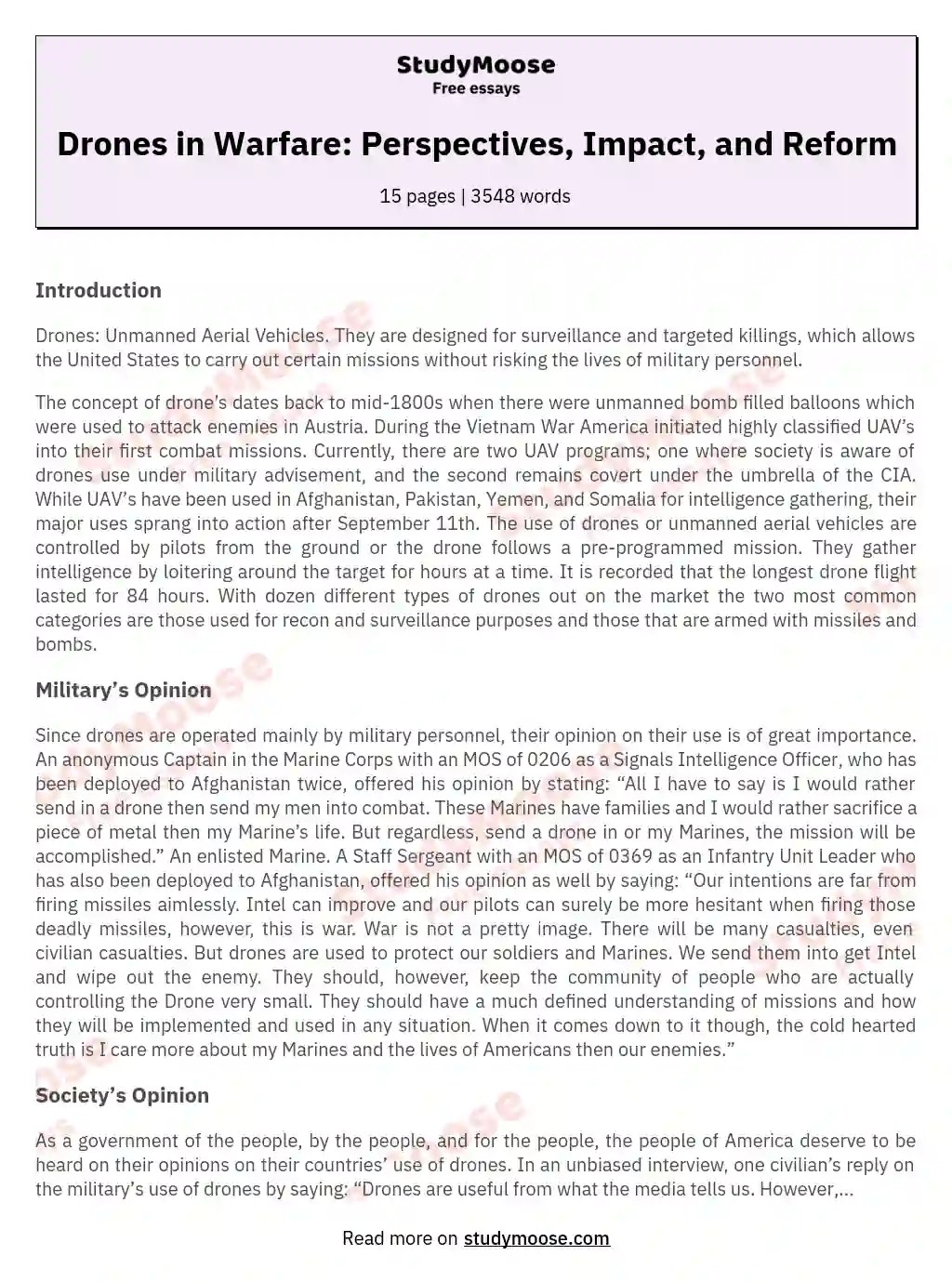 Drones in Warfare Perspectives, Impact, and Reform Free Essay Example