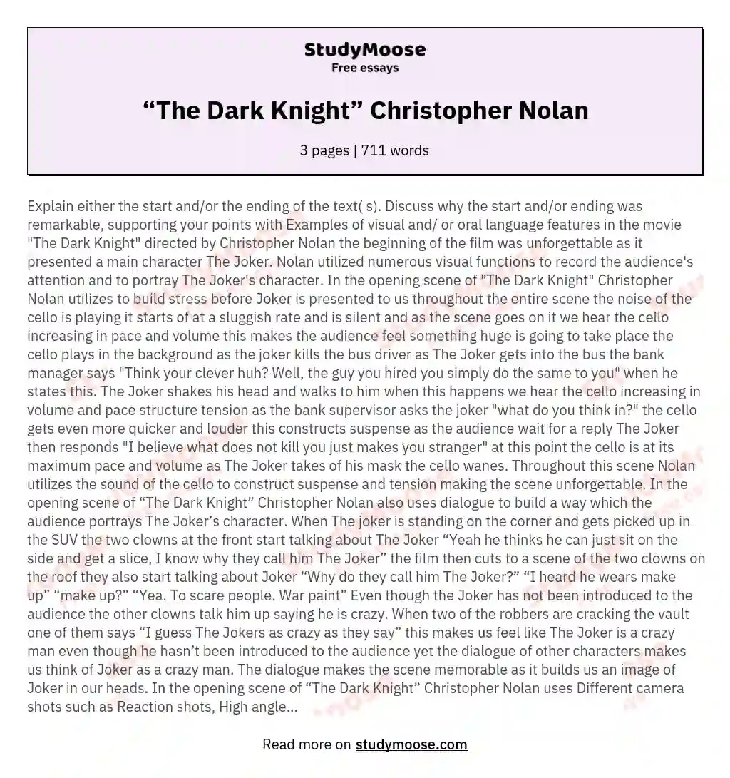 “The Dark Knight” Christopher Nolan Free Essay Example