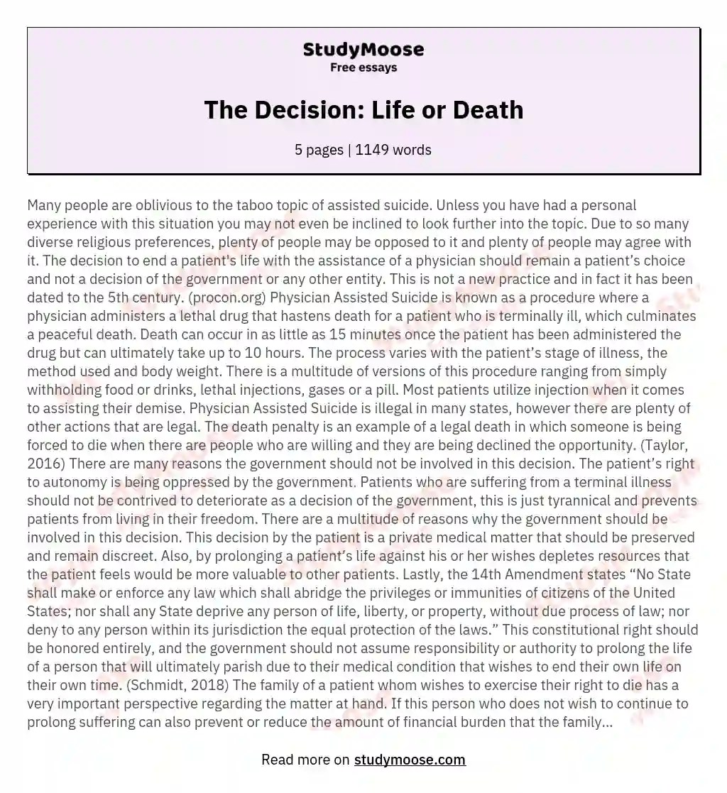 The Decision Life or Death Free Essay Example