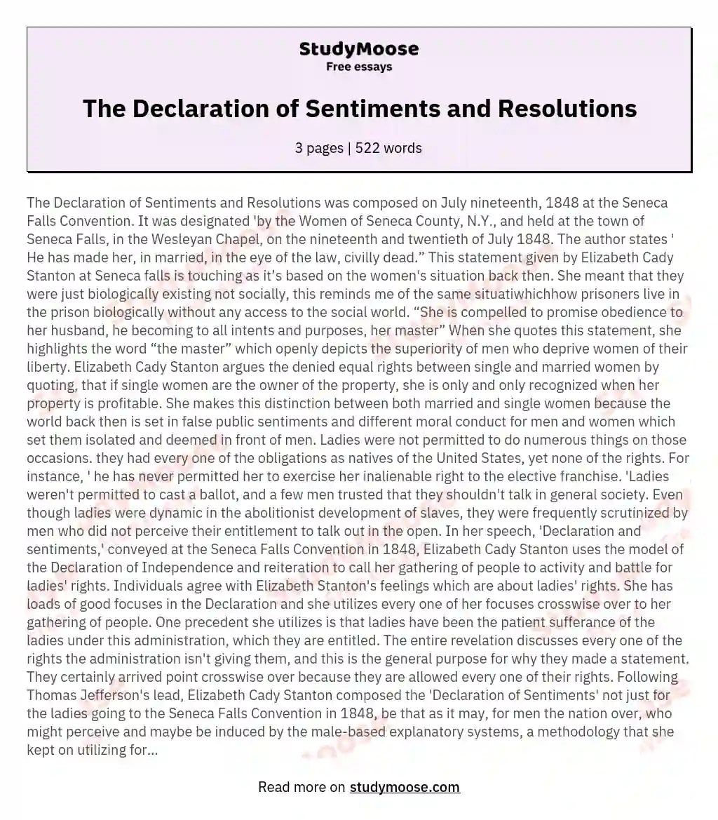 The Declaration of Sentiments and Resolutions Free Essay Example