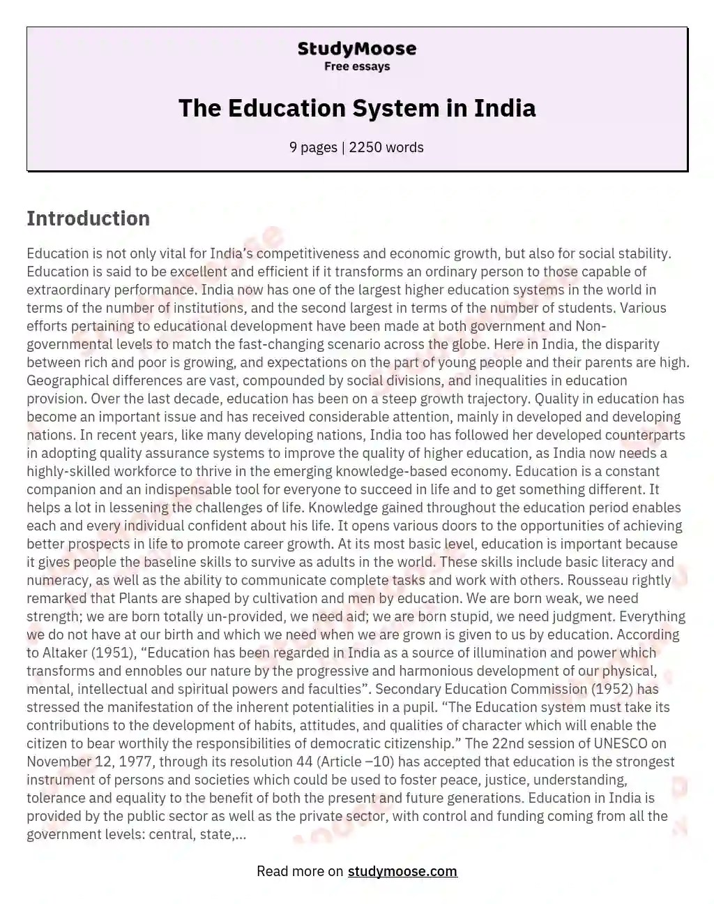 The Education System in India Free Essay Example