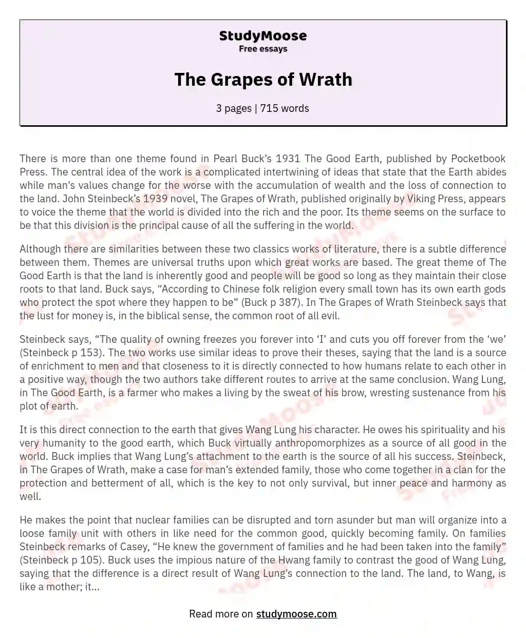 The Grapes of Wrath Free Essay Example