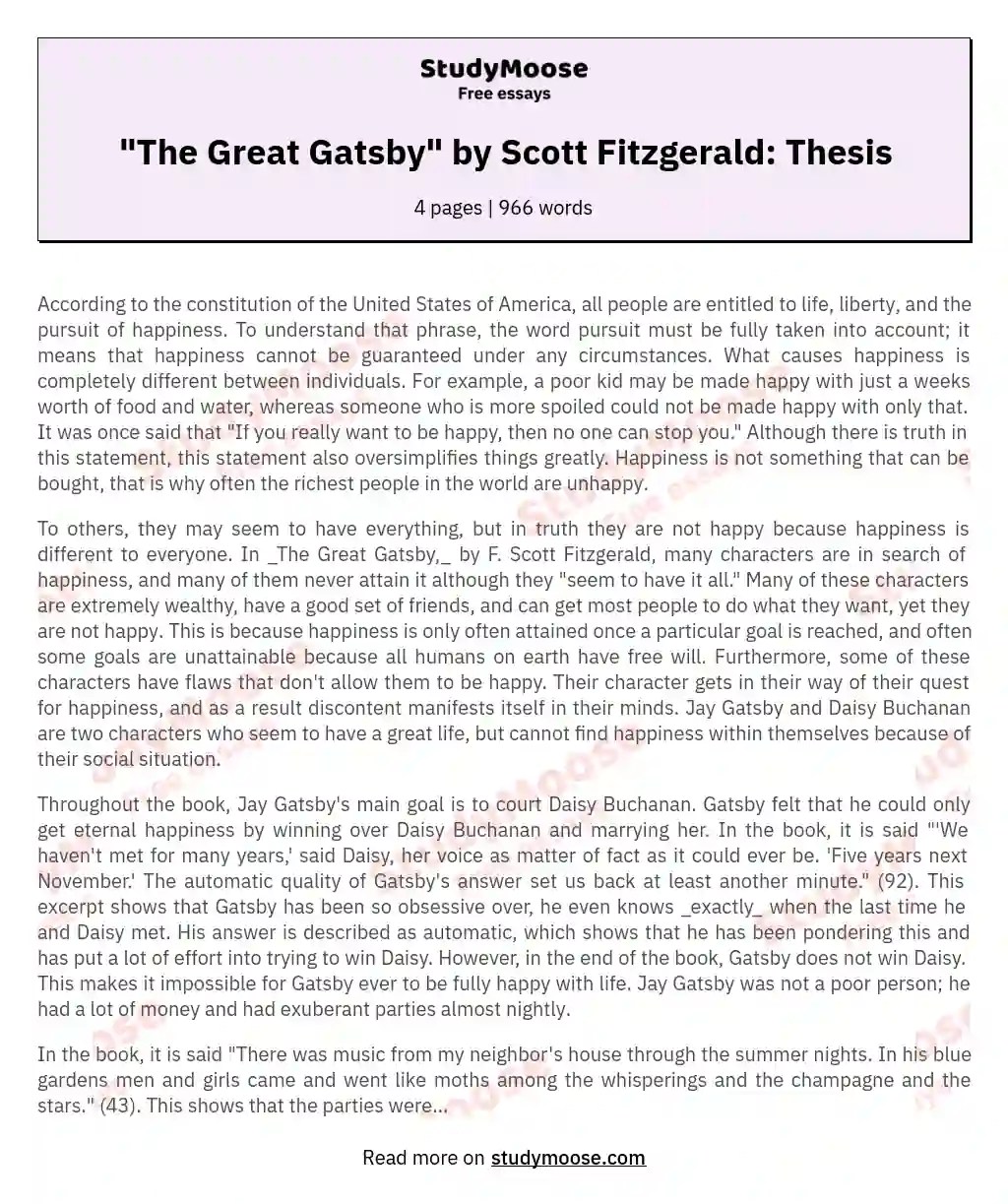 "The Great Gatsby" by Scott Fitzgerald Thesis Free Essay Example