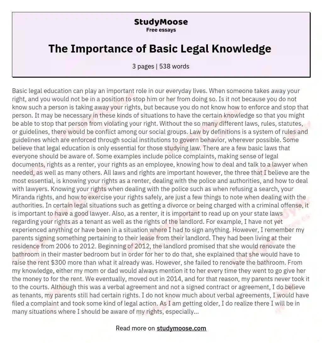 The Importance of Basic Legal Knowledge Free Essay Example