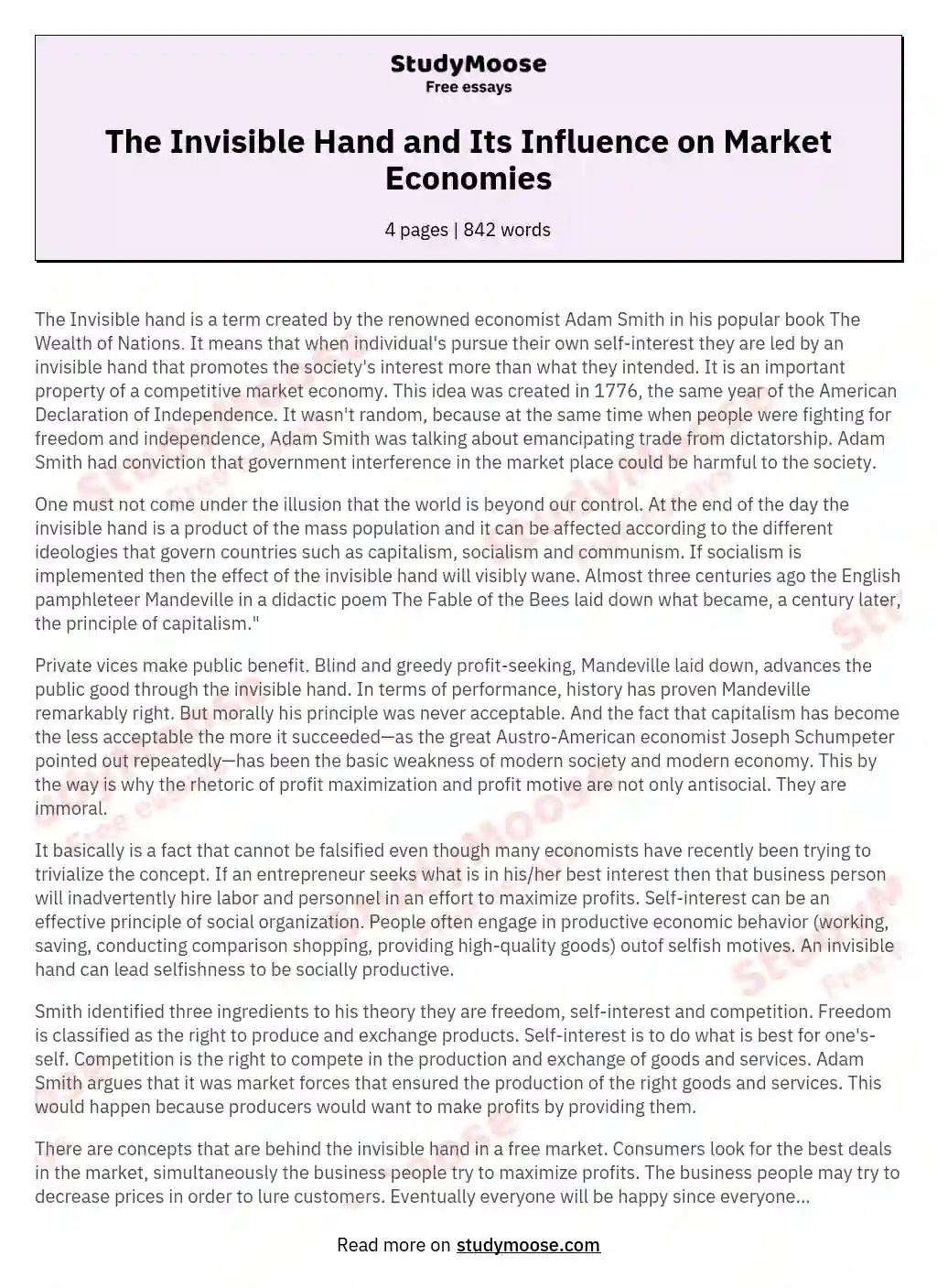 The Invisible Hand and Its Influence on Market Economies Free Essay Example