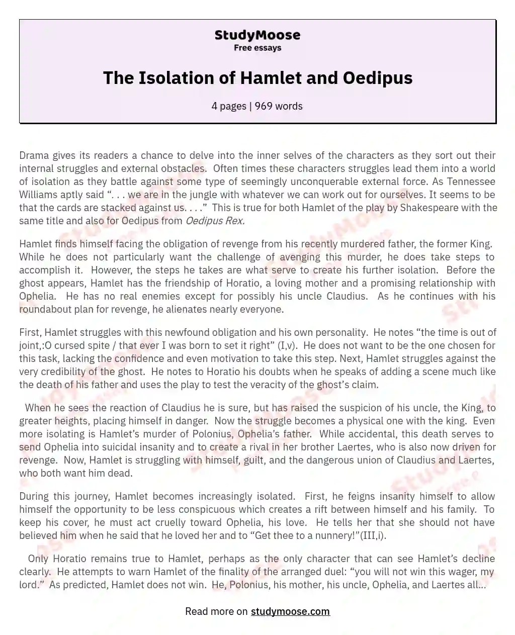 The Isolation of Hamlet and Oedipus Free Essay Example