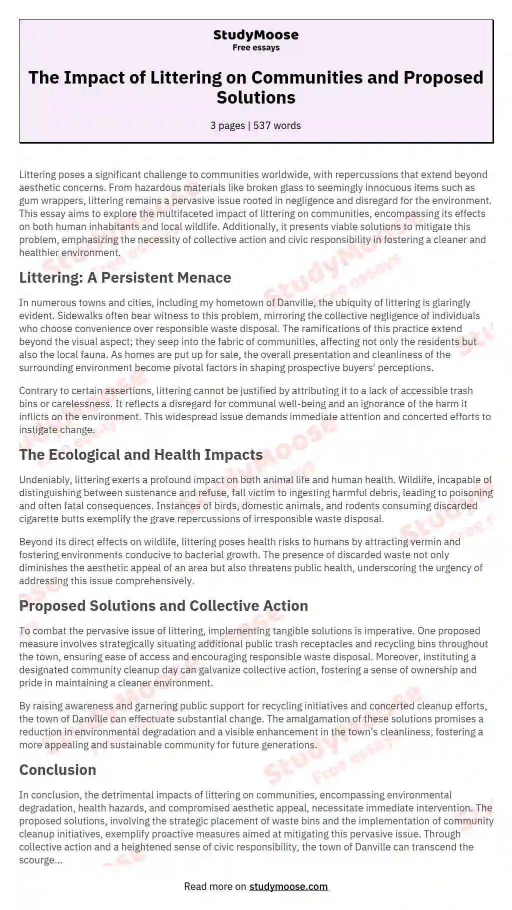 The Impact of Littering on Communities and Proposed Solutions Free