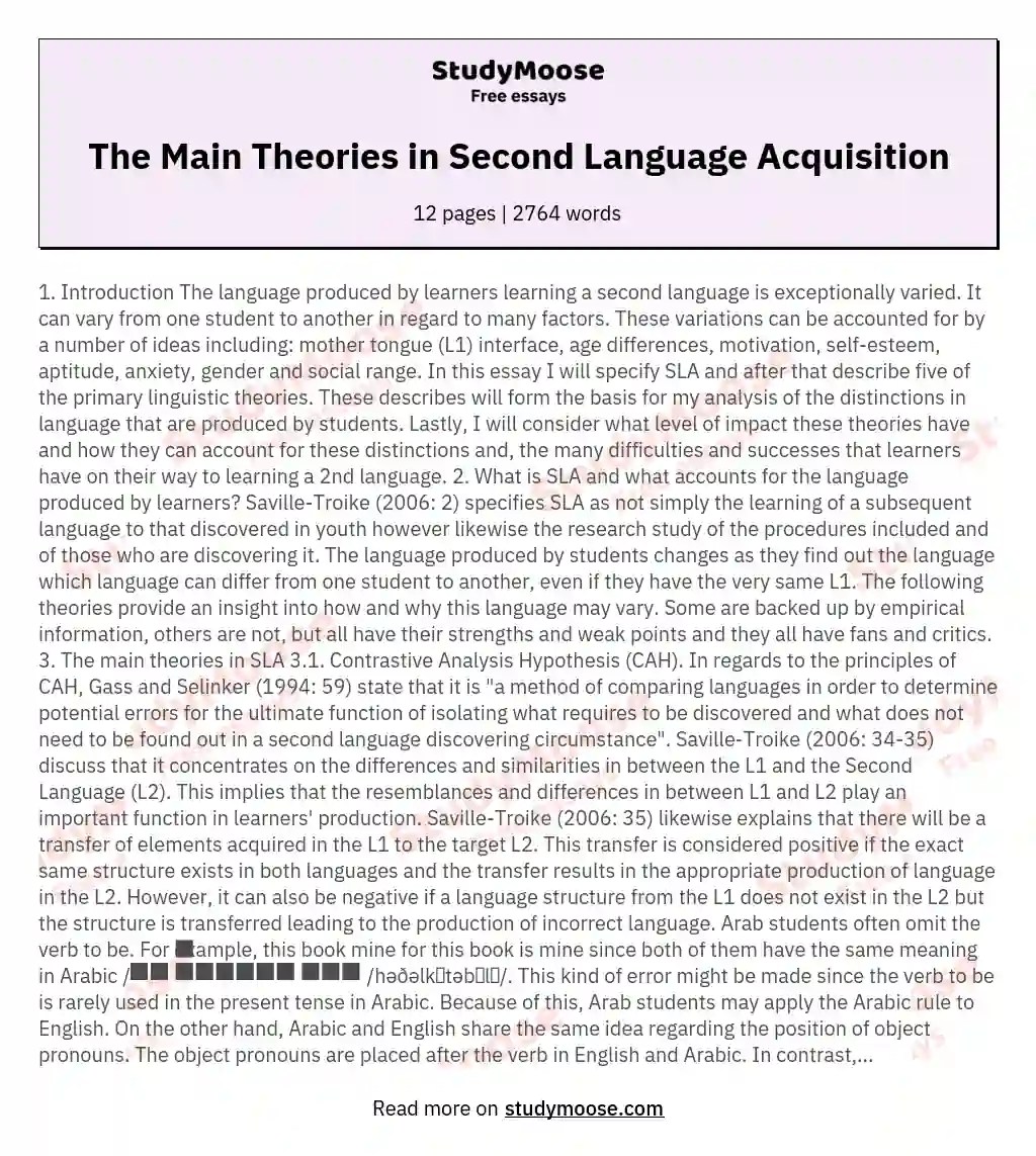 The Main Theories in Second Language Acquisition Free Essay Example