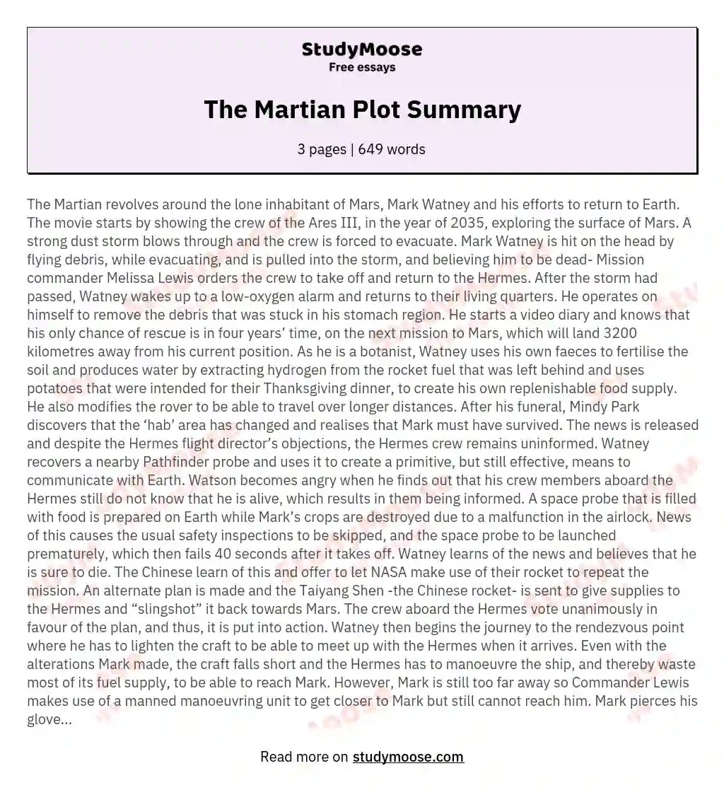 The Martian Plot Summary Free Essay Example