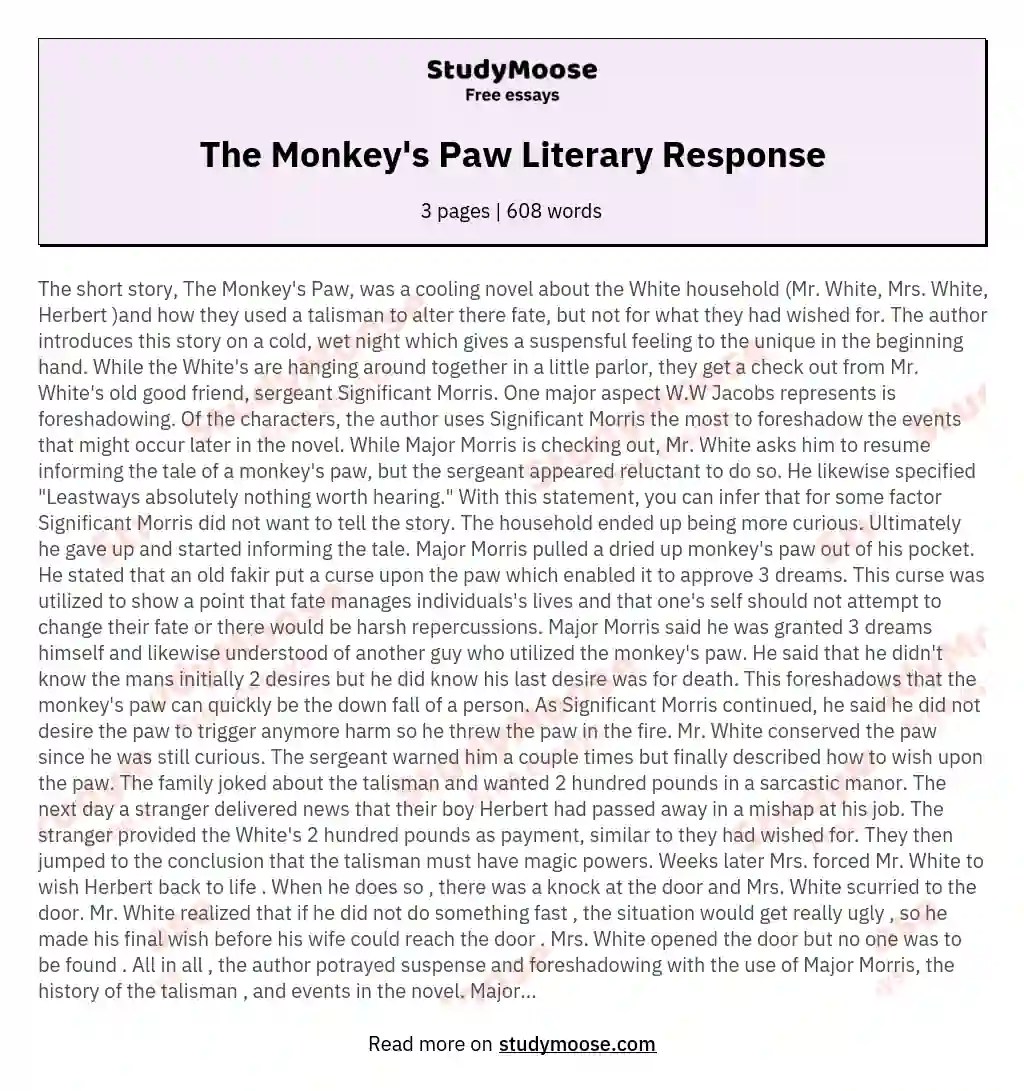 The Monkey's Paw Literary Response Free Essay Example