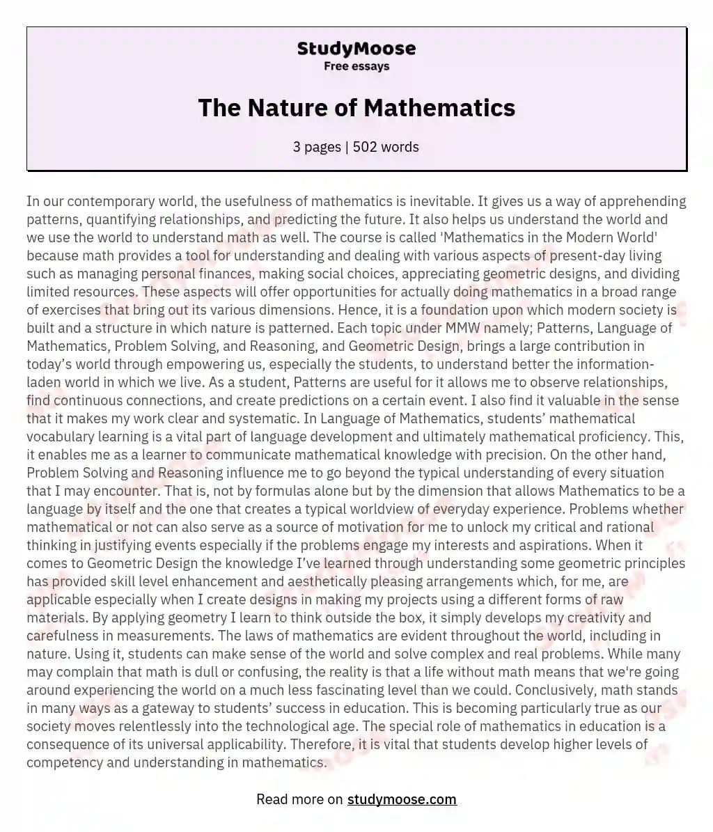 The Nature of Mathematics Free Essay Example