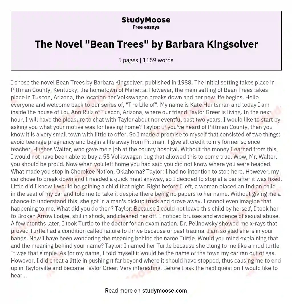 The Novel "Bean Trees" by Barbara Kingsolver Free Essay Example